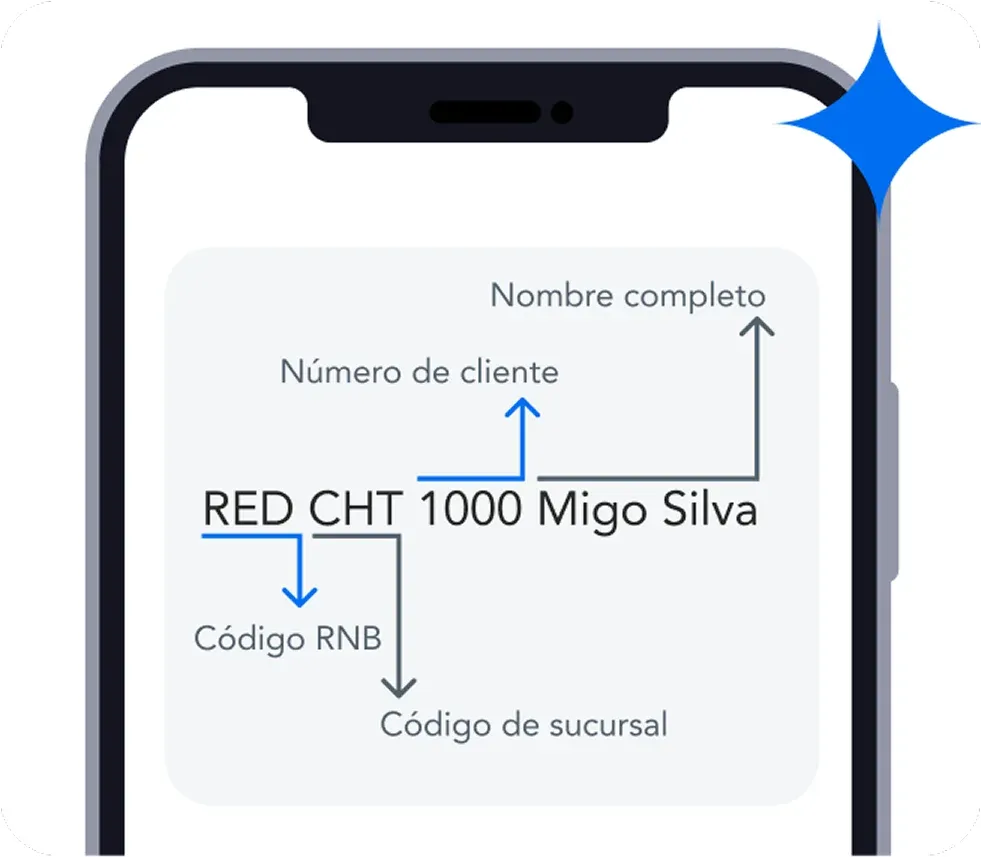 Desglose de la dirección de casillero RED CHT 1000 Migo Silva: código RNB, código de sucursal, número de cliente y nombre completo